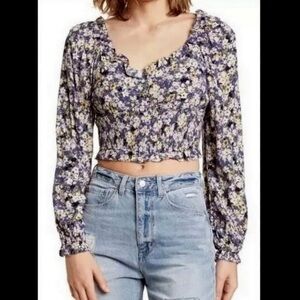Elodie Blue Floral Long Sleeve Crop Top Smocked Elastic Waist NEW Size M